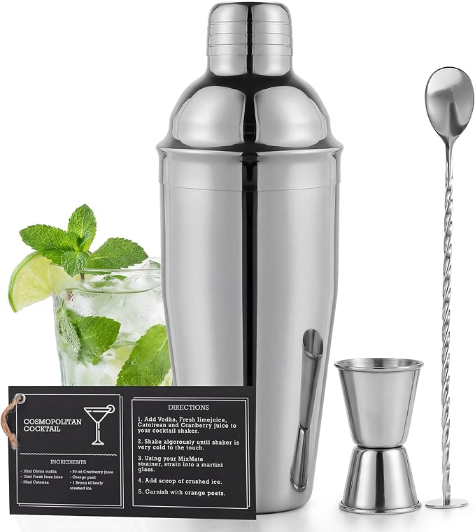 Mixology Bartender Kit with Stand - 15 Piece Bar Tool Set, Silver Bar Set Cocktail Shaker Set for Drink Mixing - Includes Martini Shaker, Jigger, Strainer, Bar Mixer Spoon, Tongs, Opener | Gift Idea - B09VVM2VGM