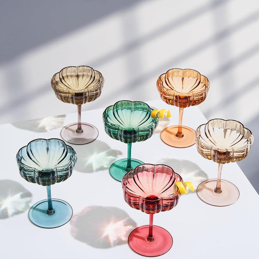 Khen Flower Modern Wavy Glass Coupes Martini, Champagne & Cocktail Coupes - Set of 6-7.7 oz Colorful Cocktail Glasses & Champagne, Prosecco, Mimosa Glassware Copyright Design - Muted Pastel Colors