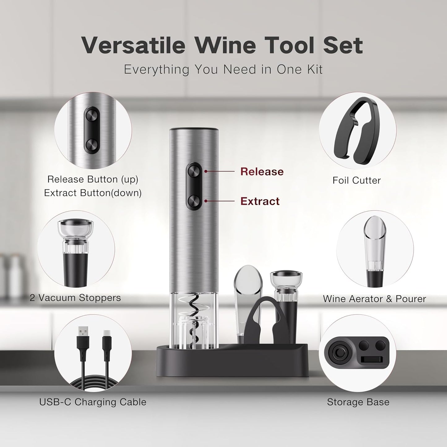 6-in-1 Electric Wine Opener Gift Set, BABONIR Stainless Steel USB-C Rechargeable Automatic Wine Bottle Opener, Foil Cutter, Vacuum Stopper, Wine Aerator Pourer, Bottle Opener Wine Gifts for Women