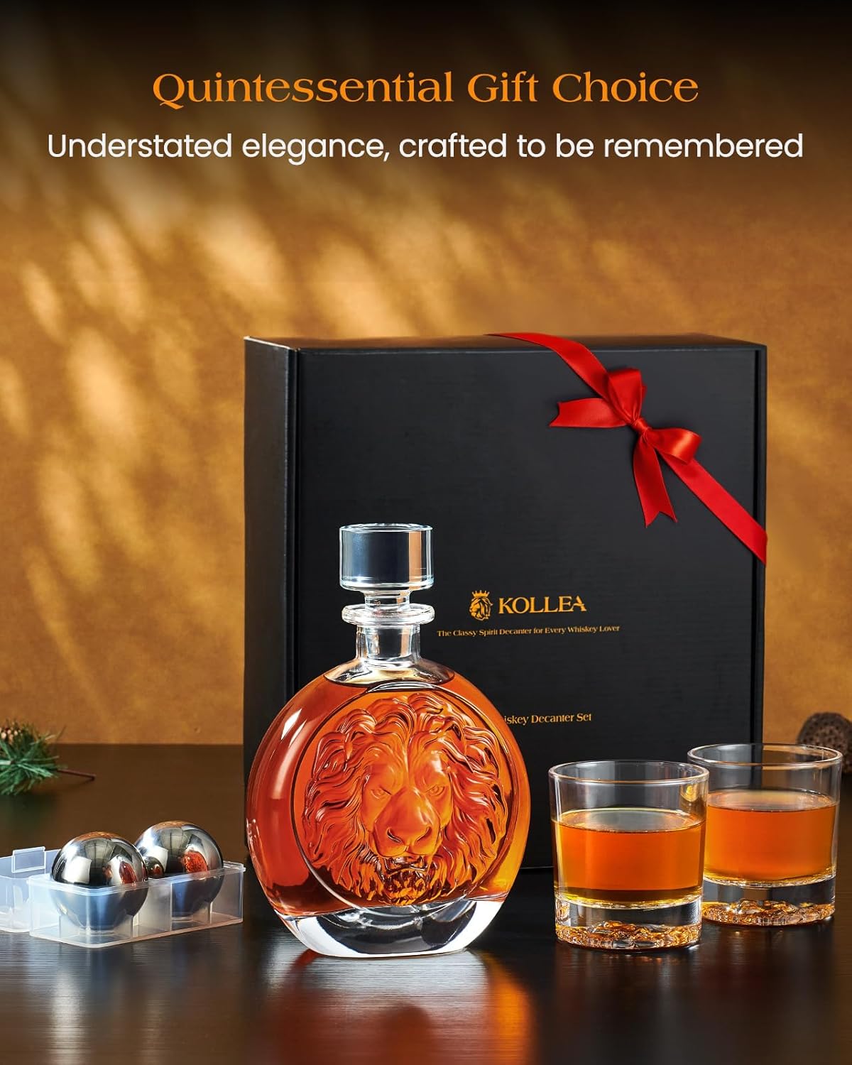 Engraved Lion Whiskey Decanter Set Gift for Men, Including 2 Lion-Engraved Shot Glasses & 2 Whiskey Ice Balls, Unique Christmas Birthday Gifts for Men Dad Husband, Cool Whiskey Set for Husband Brother