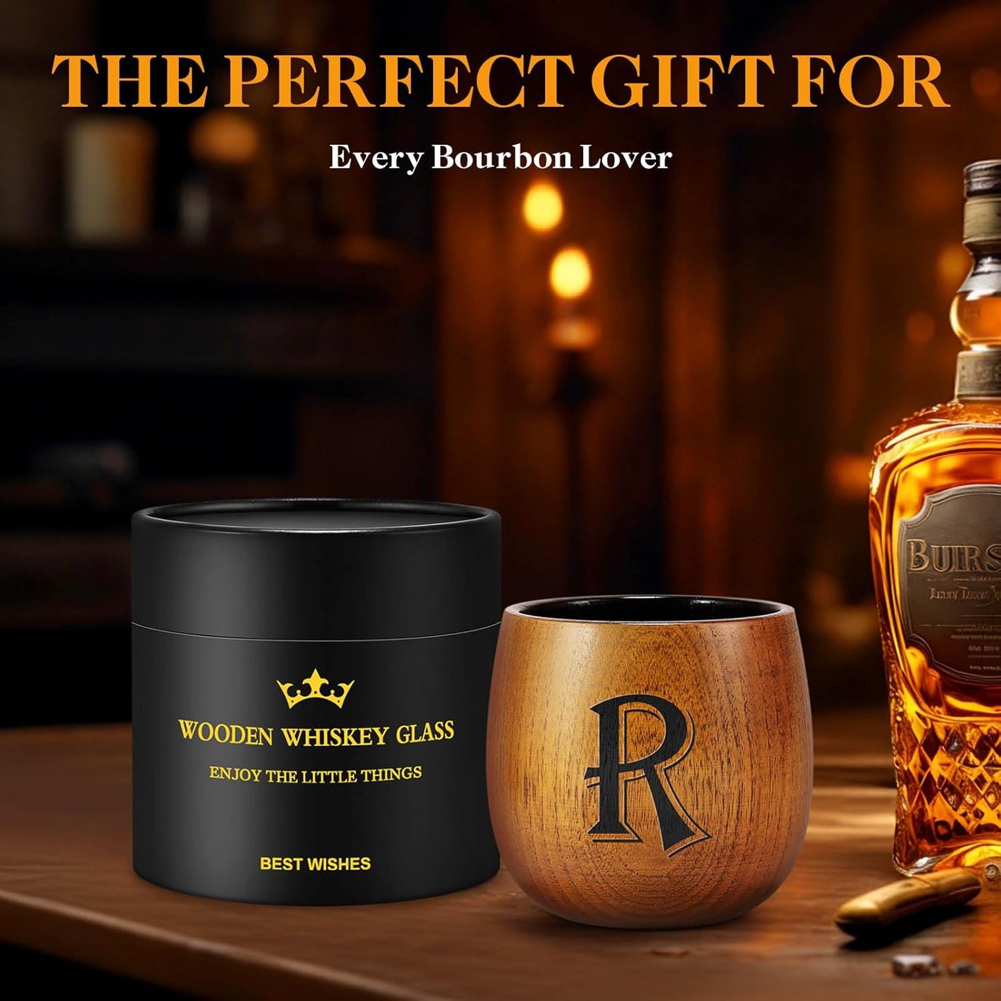 Astonlink Personalized Gifts for Men Husband Dad Boyfriend, Initial Charred Wooden Bourbon Drinking Glass & Whiskey Glasses Gift, Fathers Day Birthday Gifts for Men Dad Husband Brother Him (R)