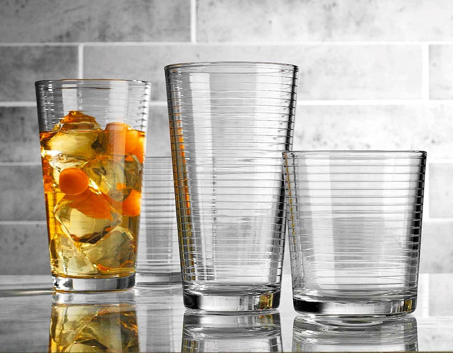 Drinking Glasses - Set of 8 Glass Cups, 4 Highball Glasses (17oz) 4 Rocks Glasses (13oz) Ribbed Glasses for Mixed Drinks, Water, Juice, beer, Wine, Excellent Gift!