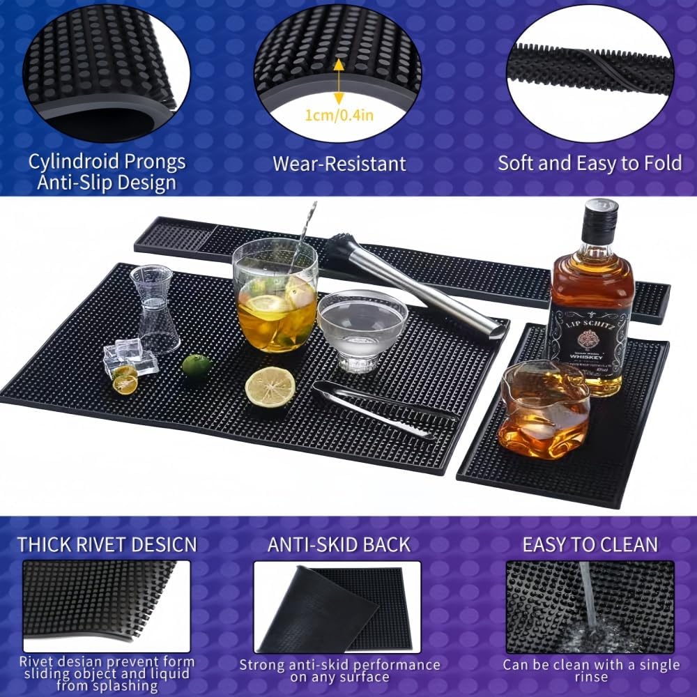 Bar Mat Set of 3 Rubber Bar Service Spill Mat for Cocktail Bartender Coffee Bar or Countertop Mats Glass Drying Mat (Black, 18" x 12"+23" x 3"+12" x 6")