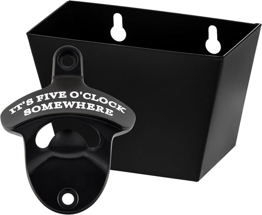 Black Wall Mounted Bottle Opener with Cap Catcher Stainless, IT'S FIVE O'CLOCK SOMEWHERE Screw in Wall Beer Cap Opener Bucket Gift