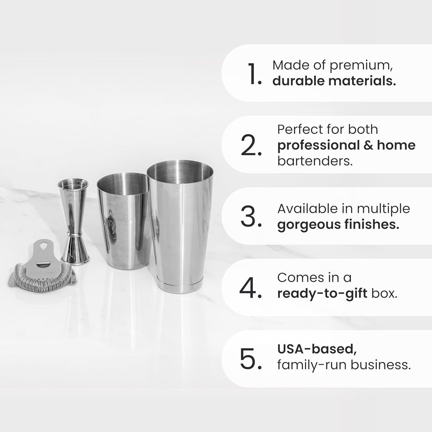 A Bar Above Cocktail Shaker Set, 4-Piece Professional Bartender Kit with Boston Shaker, Strainer and Jigger, Stainless Steel Bar Accessories for Craft Cocktails, Silver