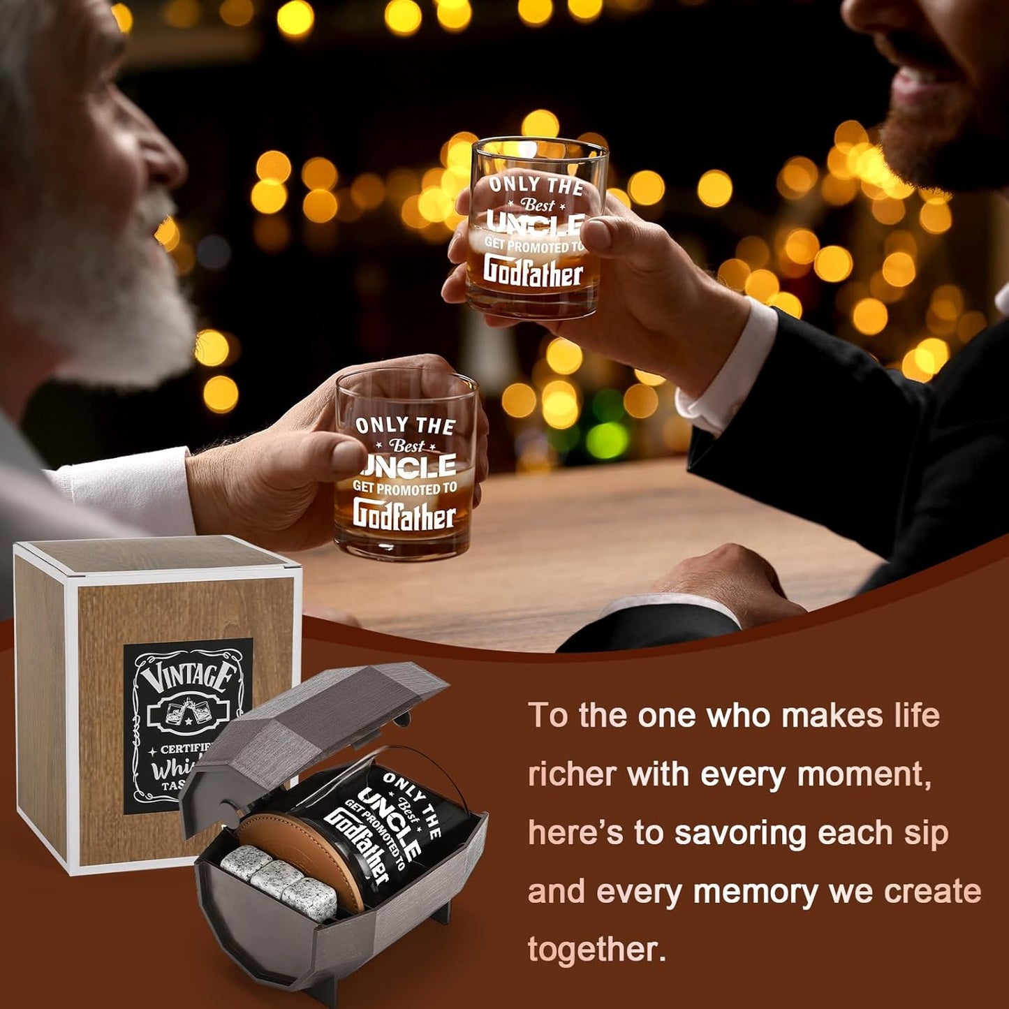Godfather Proposal Gifts, Pregnancy Announcement Gift for Brothers & Uncles, Rocks Glass & Bourbon Barrel Set for Christmas, Only The Best Uncles Get Promoted to Godfather