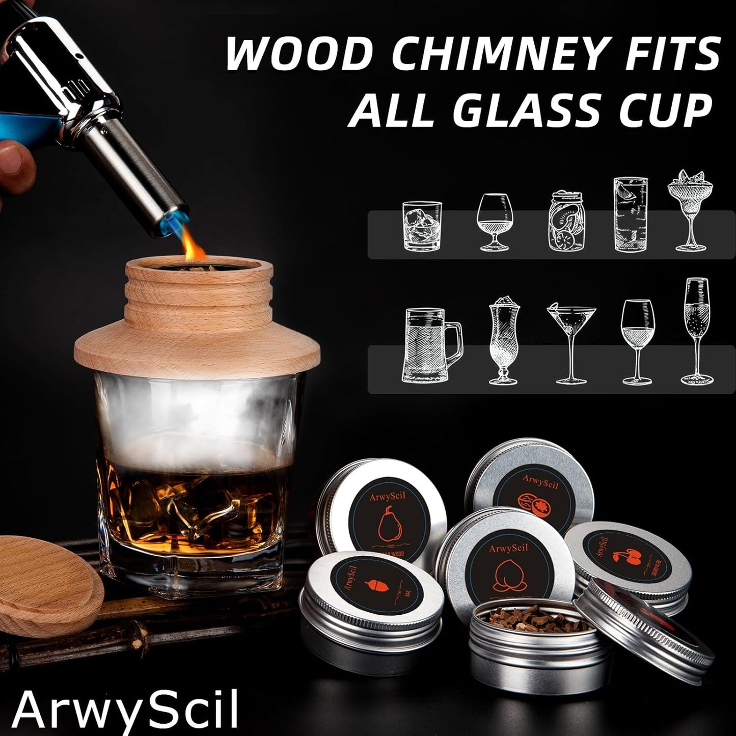 Cocktail Smoker Kit With Torch, Old-fashioned Infuser Kit for Party, 6 Flavored for Cocktail, Whiskey, Bourbon Smoker Lover, Gifts for Birthday, Men, Dad, Husband (Without Butane)