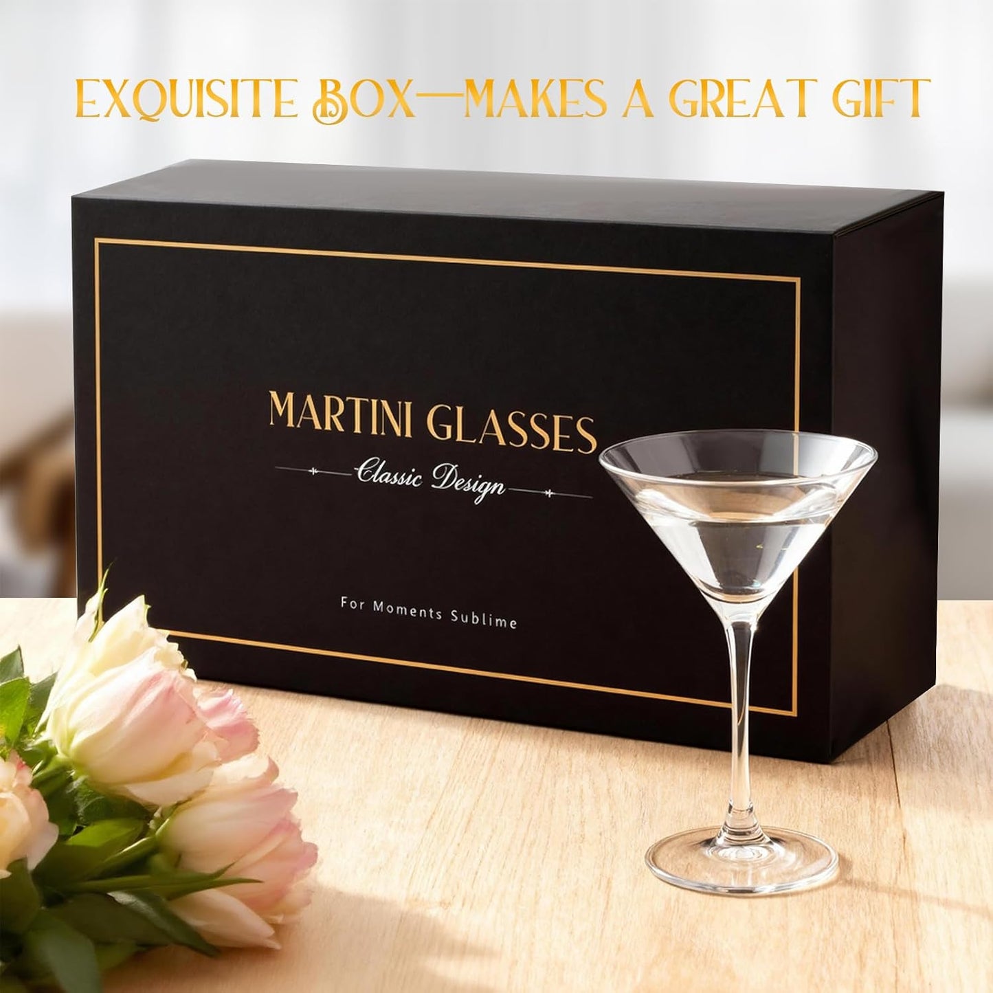 Martini Glasses Set of 4, Classic Crystal Glass Cocktail Glasses with Golden Cocktail Picks & Exquisite Box, Clear Hand Blown Coupe Glasses for Drink, Martini, Espresso Martini, Home Bar