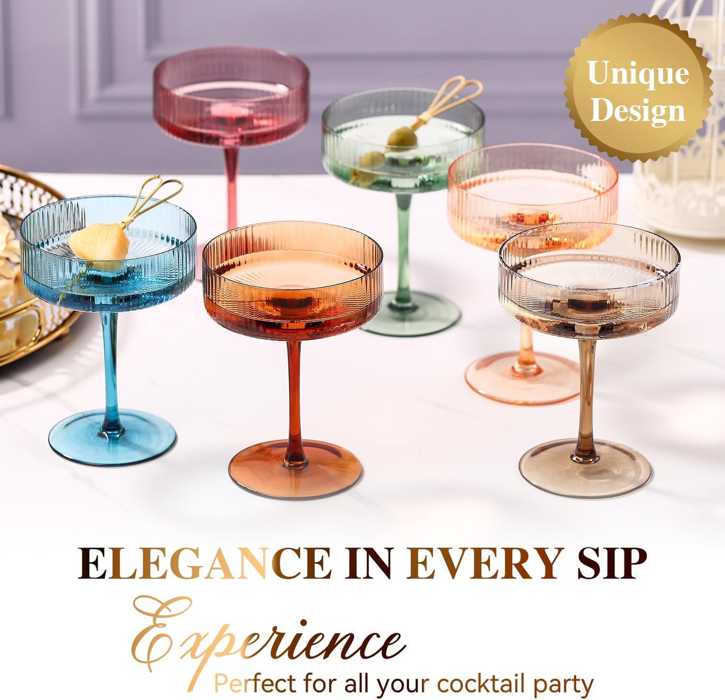 Colored Coupe Glasses Set of 6 |9 oz martini Glasses |Colorful Cocktail Glasses Set,Colored Coupe Glass,Champagne Coupe Glasses for Cocktail,Martini,Champagne