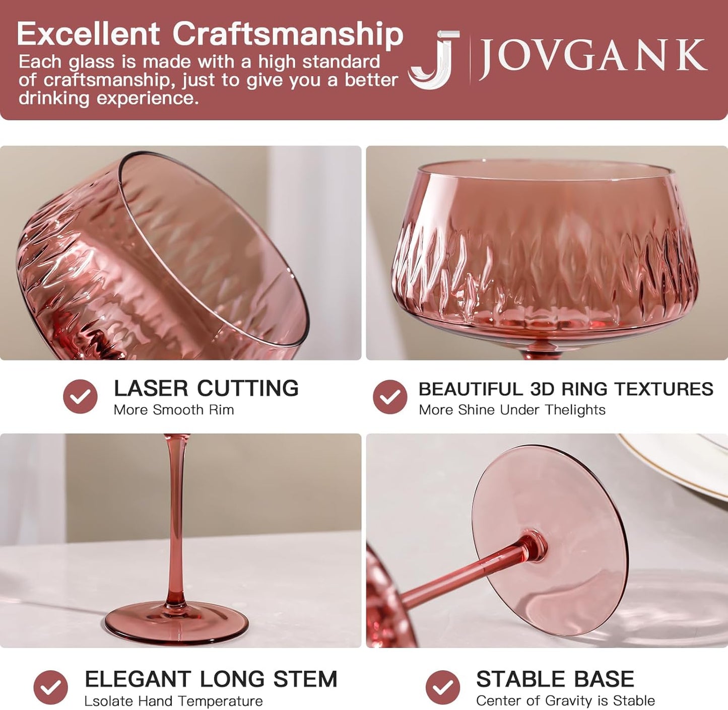 JOVGANK Colored Martini Glasses Set of 6, Hand Blown Colorful Cocktail Glass 14Oz, Large Vintage Champagne Coupe Glasses,Crystal Retro Style Bar and New Year Drinking Glasses, Mother's Day Gift