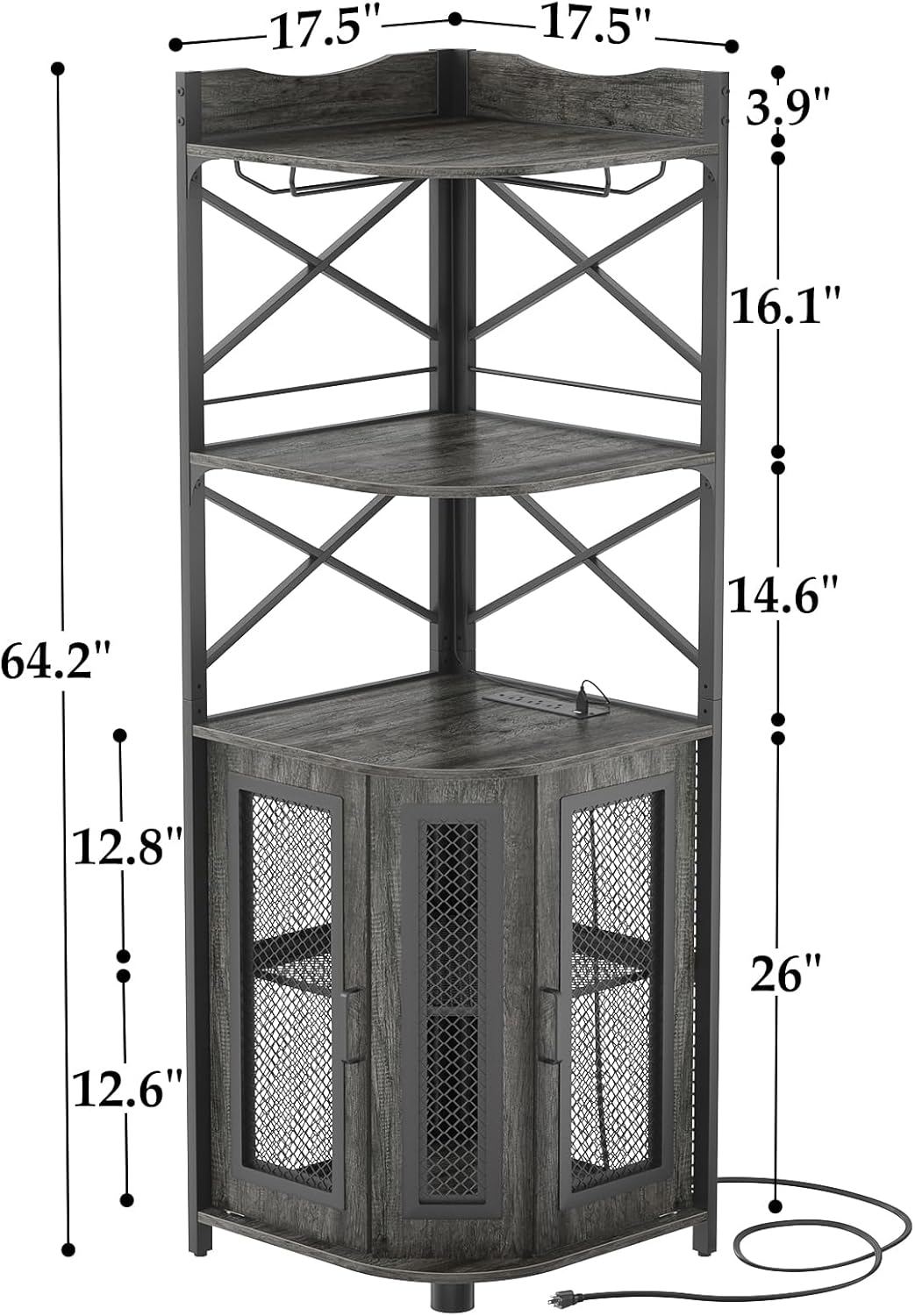 Aheaplus Corner Bar Cabinet with Power Outlet, Industrial Wine Cabinet with LED Strip and Glass Holder, 5-Tiers Liquor Cabinet Bar Unit for Home, Corner Display Cabinet for Small Space, Grey Oak