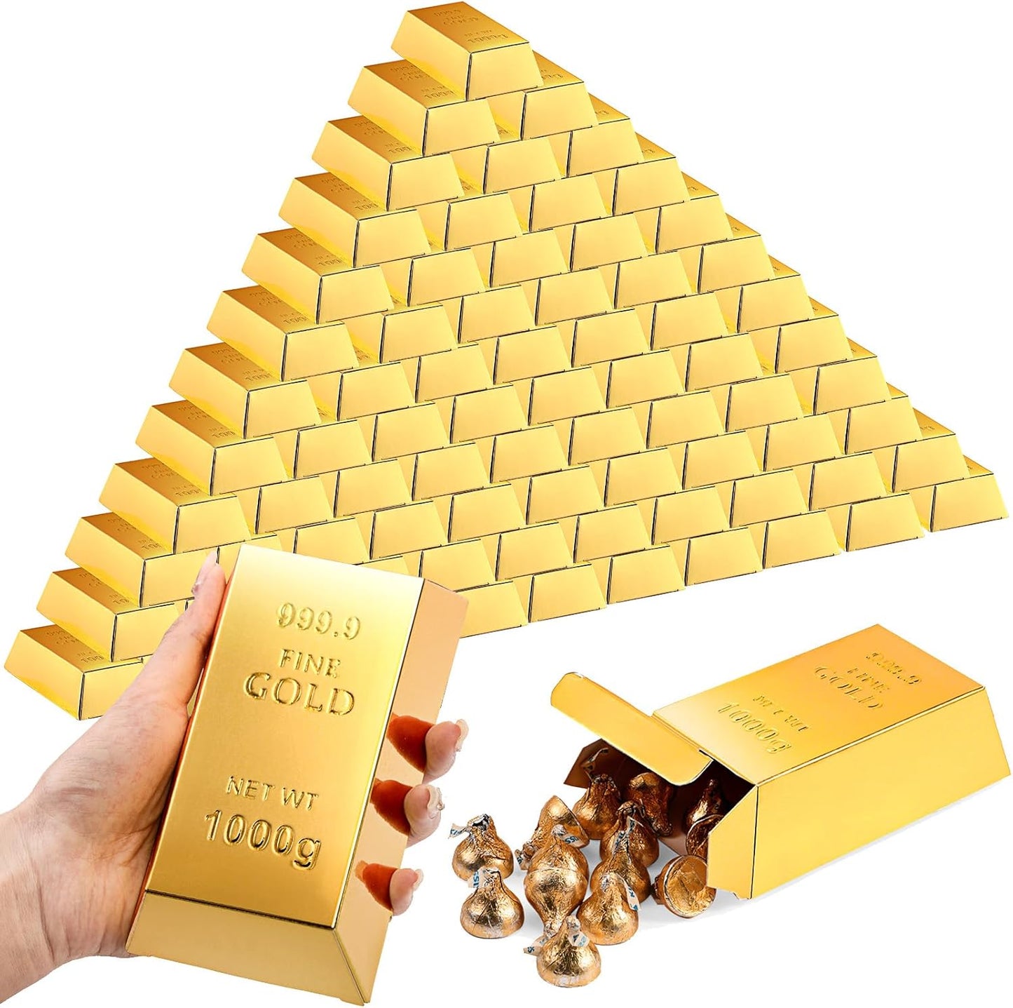 Honoson 120 Pcs Gold Bar Fake Gift Box Foil Gold Bar Party Favor Boxes Paper Golden Favor Boxes Treasure Brick for Pirate Casino Theme Party Decorations Candy Chocolate Box 5.5 x 3.2 Inches