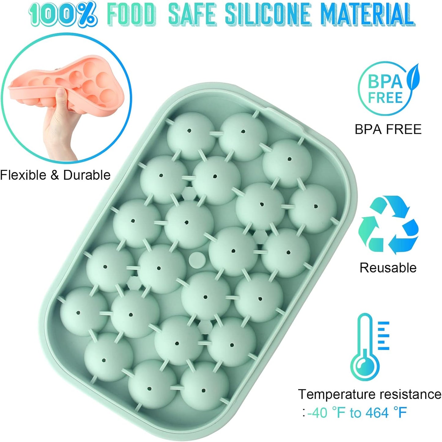 Ice Cube Tray, 2 Pack Flexible Silicone 22 Ice Balls Maker with Lid BPA Free Easy-Release Ice Cube Trays for Freezer, DIY Homemade Round Ice Cubes for Whiskey, Cocktails, Coffee