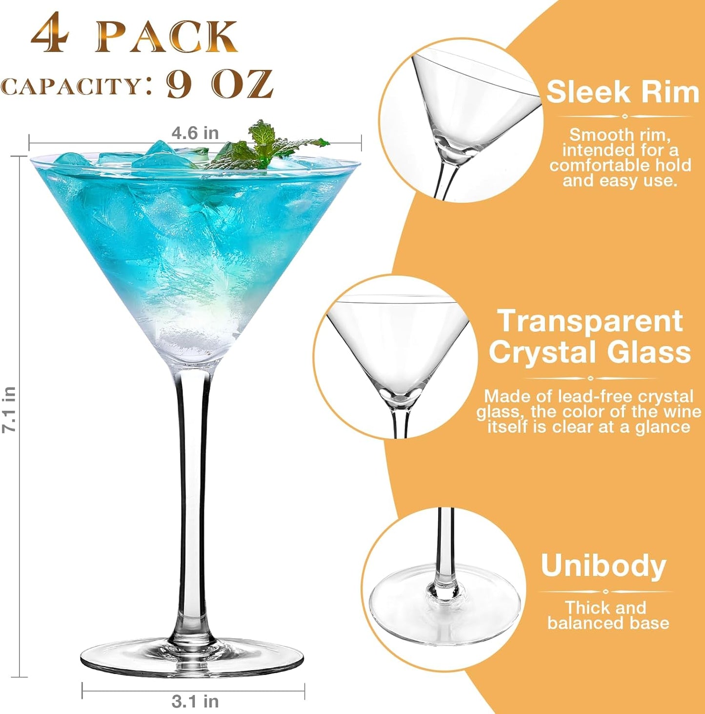 Qipecedm Martini Glasses Set of 4, 9 oz Crystal Cocktail Glasses, Hand Blown Crystal Martini Glasses for Espresso Martini, Cosmopolitan, Gimlet, Home Bar, Party, Martini Glassware Gift Set (Stem)