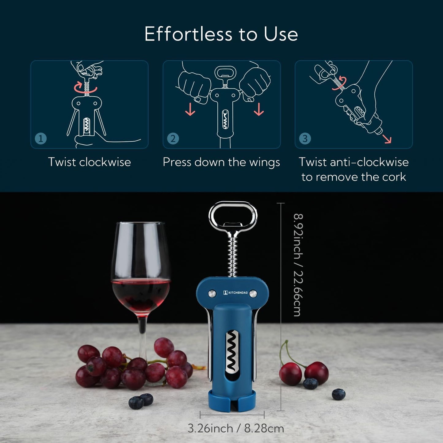 KITCHENDAO 3 in 1 Wing Corkscrew Wine Bottle Opener with Foil Cutter, Built-in Beer Bottle Opener, Multifunctional Wine Opener with Non-Stick Sharp Screw, Easy to Use, Manual Wine Corkscrew, Blue
