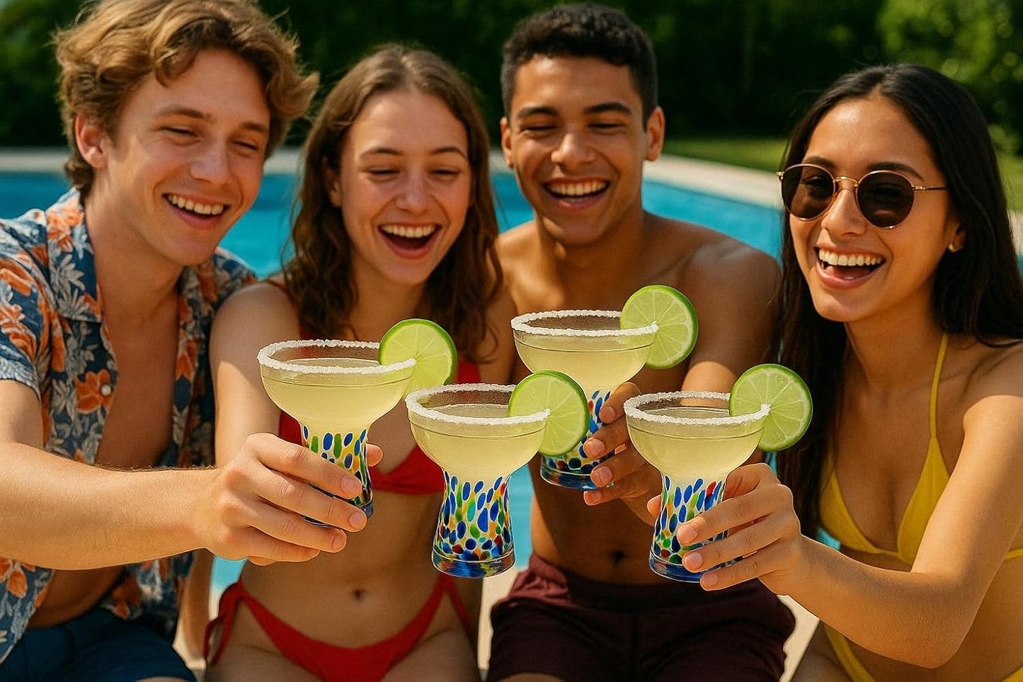 Stemless Margarita Glasses – Set of 4-6oz Luxury Hand Blown Confetti Margaritas, Martini, Cocktails, Water, Wine, Dessert & Champagne Glassware Cinco de Mayo, Hand Blown - Mexican Confetti Glass