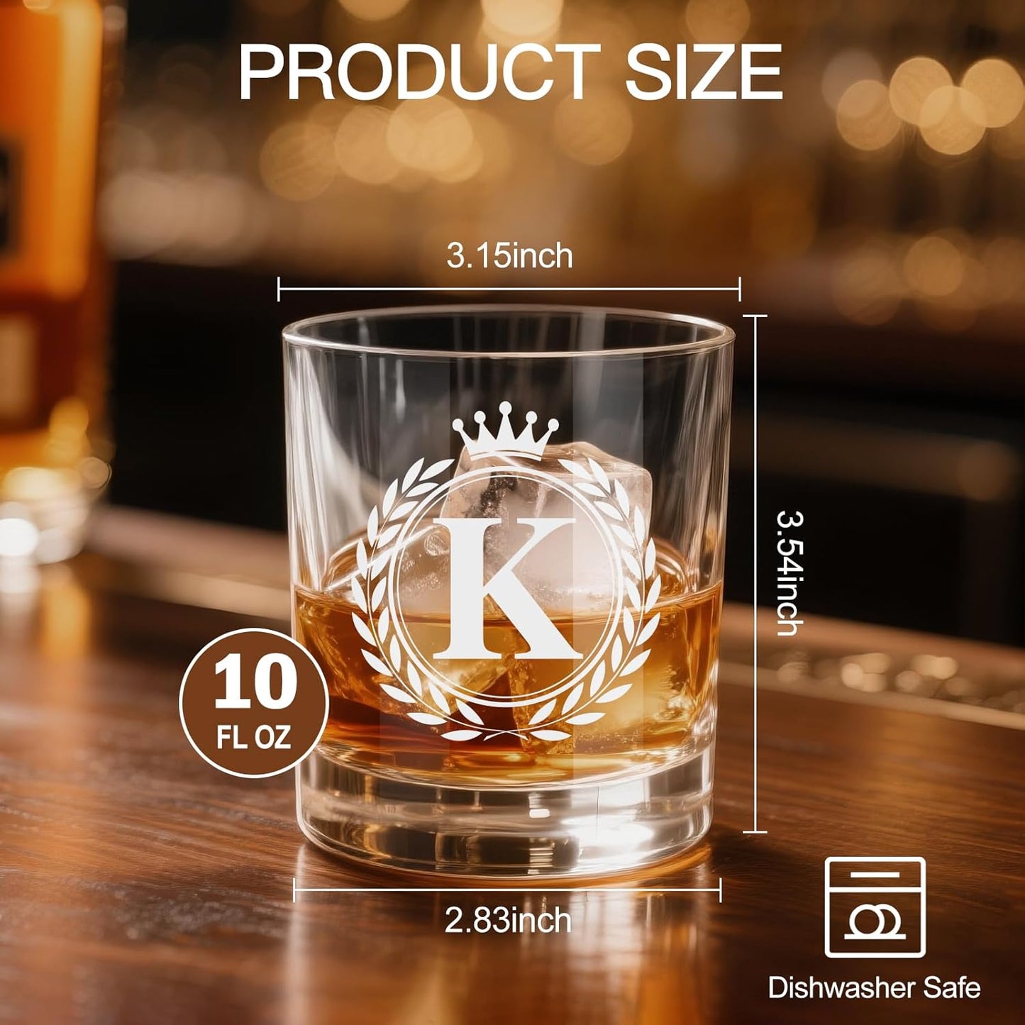 Personalized Whiskey Glasses Gifts for Men, Rocks Old Fashioned Glass, Monogrammed A-Z 10.3 oz Whisky Glasses, Fathers Day Birthday Gift for Him Dad Father Husband Brother Son (K)