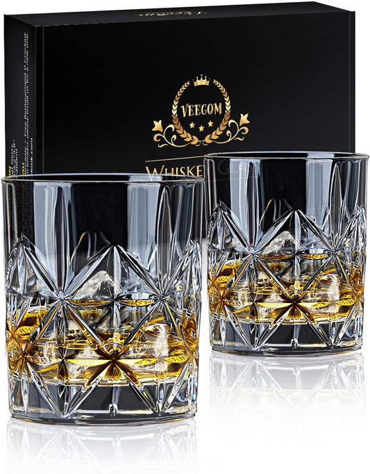 Whiskey Glass Set of 2, 10 oz Crystal Whiskey Glasses Thick Bottom Bourbon Gifts for Men, Old Fashioned Rocks Glasses Tumbler for Scotch, Cocktail, Father's Day for Men (Glass Set 2) - 2 count