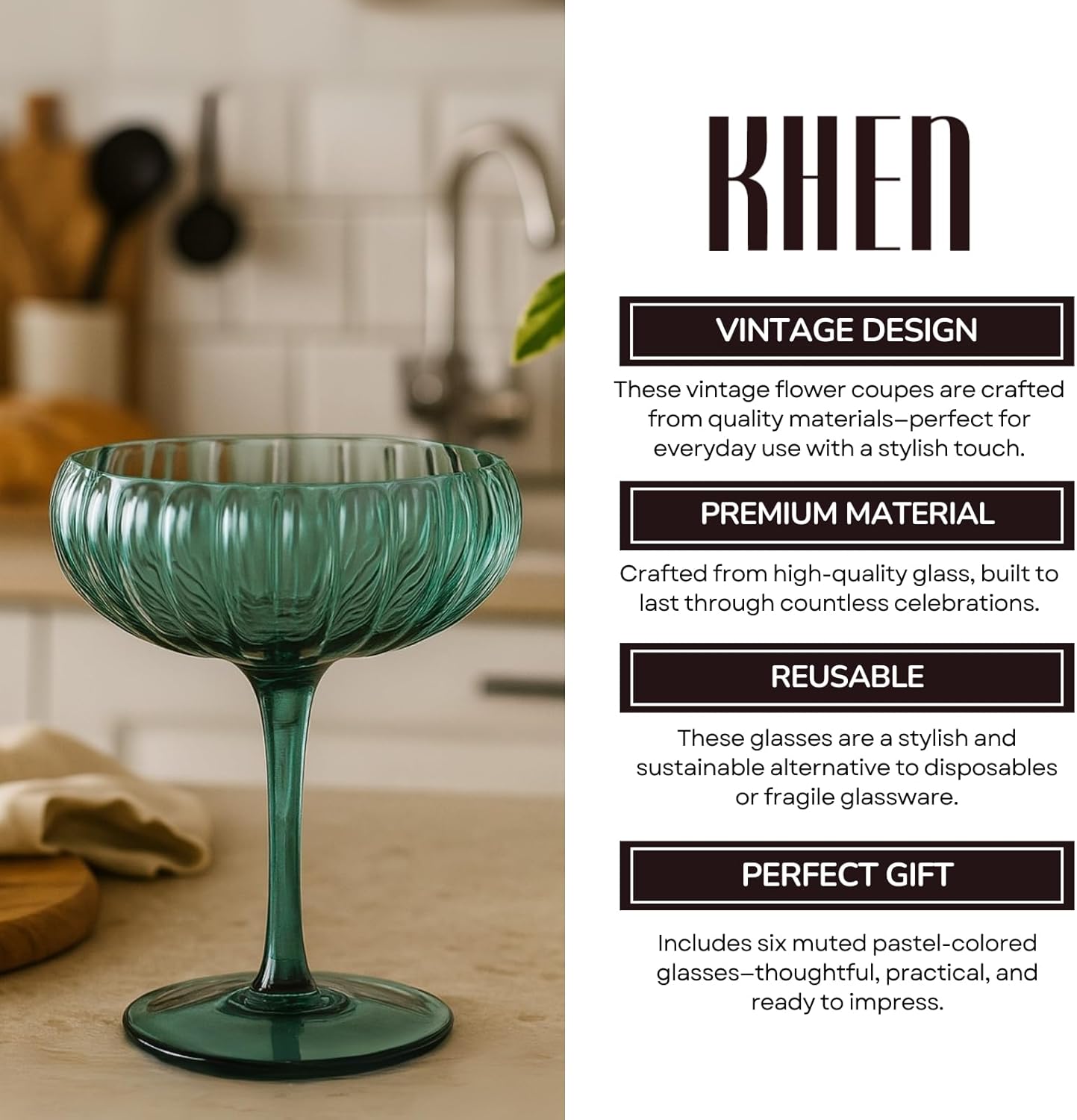 Khen Flower Modern Wavy Glass Coupes Martini, Champagne & Cocktail Coupes - Set of 6-7.7 oz Colorful Cocktail Glasses & Champagne, Prosecco, Mimosa Glassware Copyright Design - Muted Pastel Colors