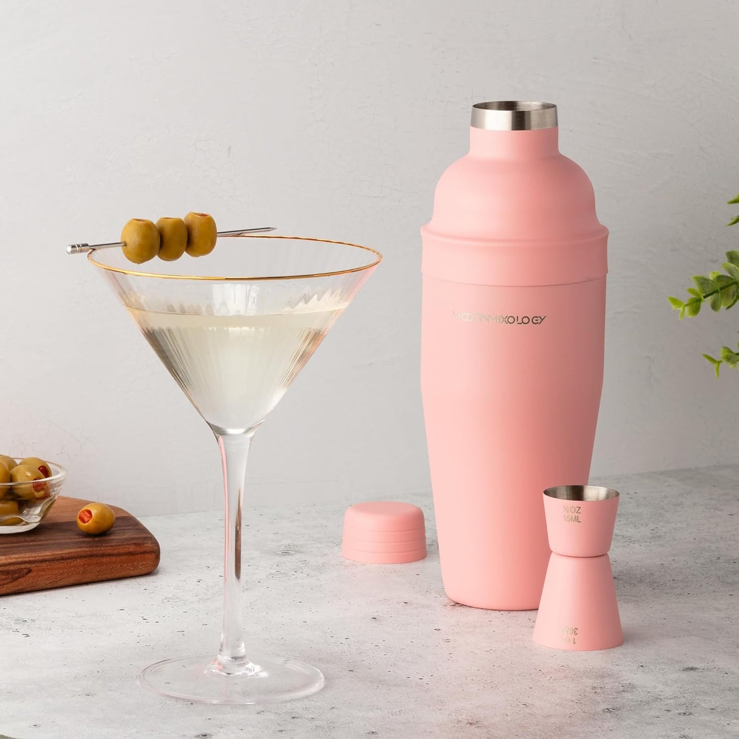 Modern Mixology 24oz Matte Pink Cocktail Shaker Set – Bartender Essentials with Built-In Strainer, Cap, Jigger for Martini, Margarita, Luxury Drink Mixer Kit for Bar, Gift for Men and Women