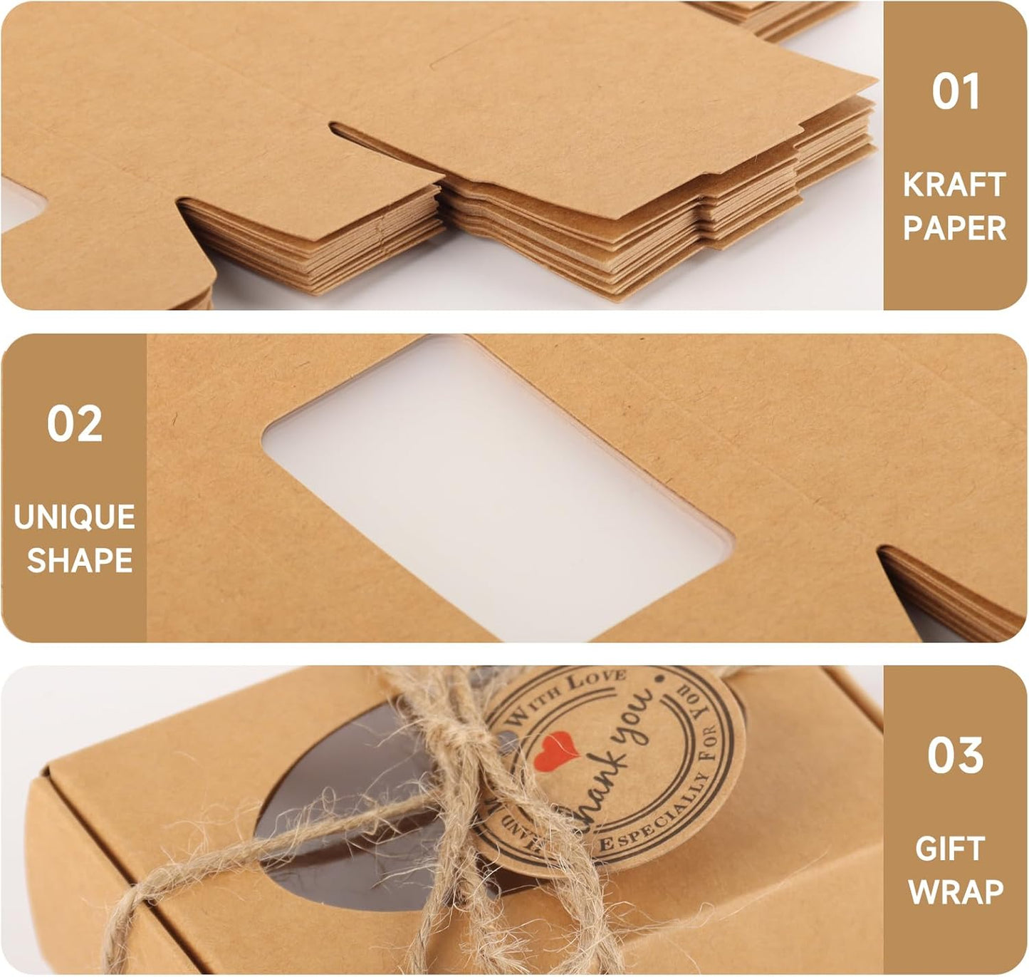RYKOMO 60 PCS Kraft Soap Boxes with Window - Mini Soap Gift Boxes for Homemade Bakery, Candy, Cookies Packaging - 3.55 x 2.4 x 1.2 Inch
