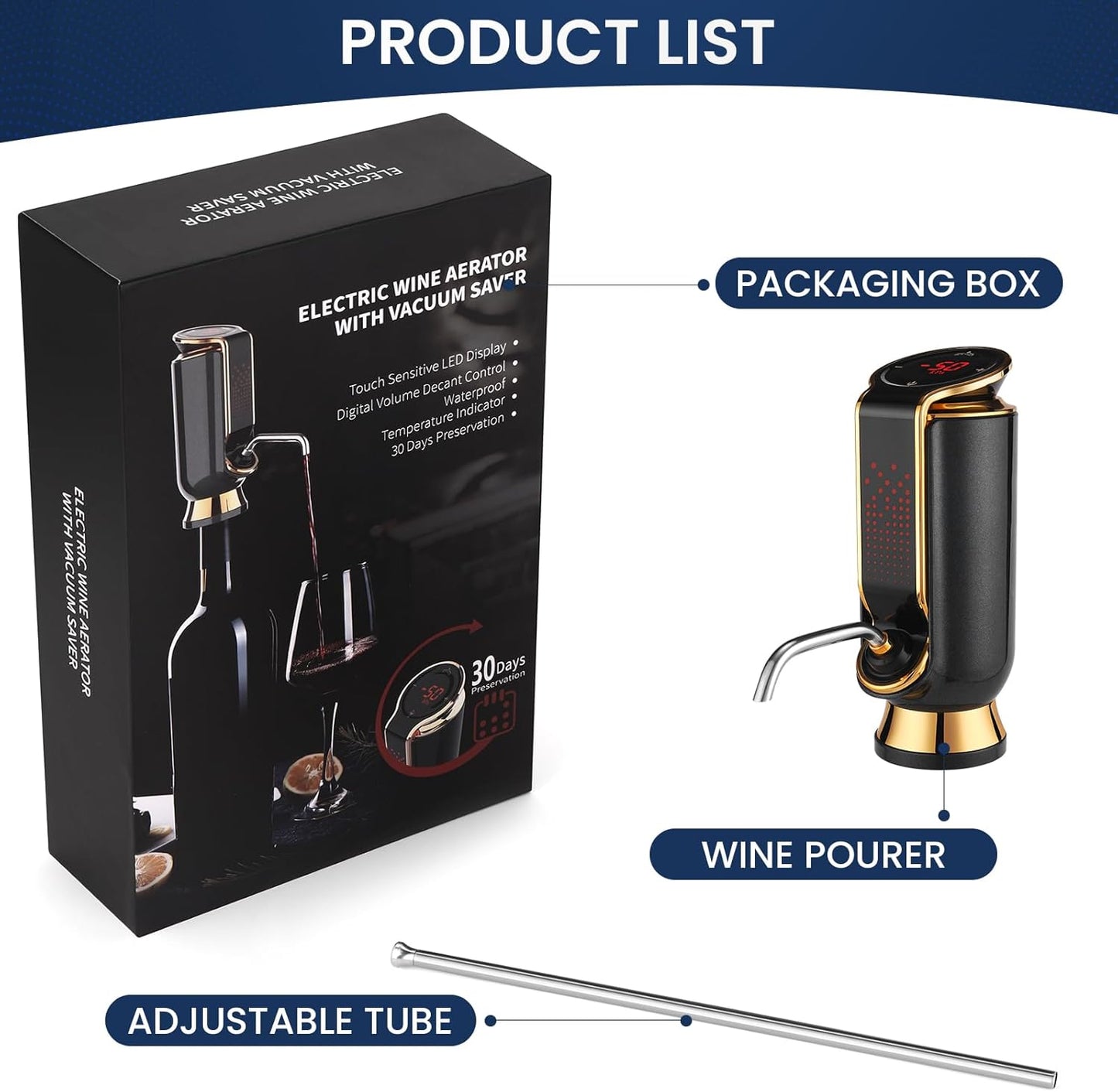 BLUBYEES Luxurious 4-in-1 Electric Wine Aerator, Decanter, Dispenser & Vacuum Saver with LED Display - Wine Pourer Gift for Women and Wine Lovers
