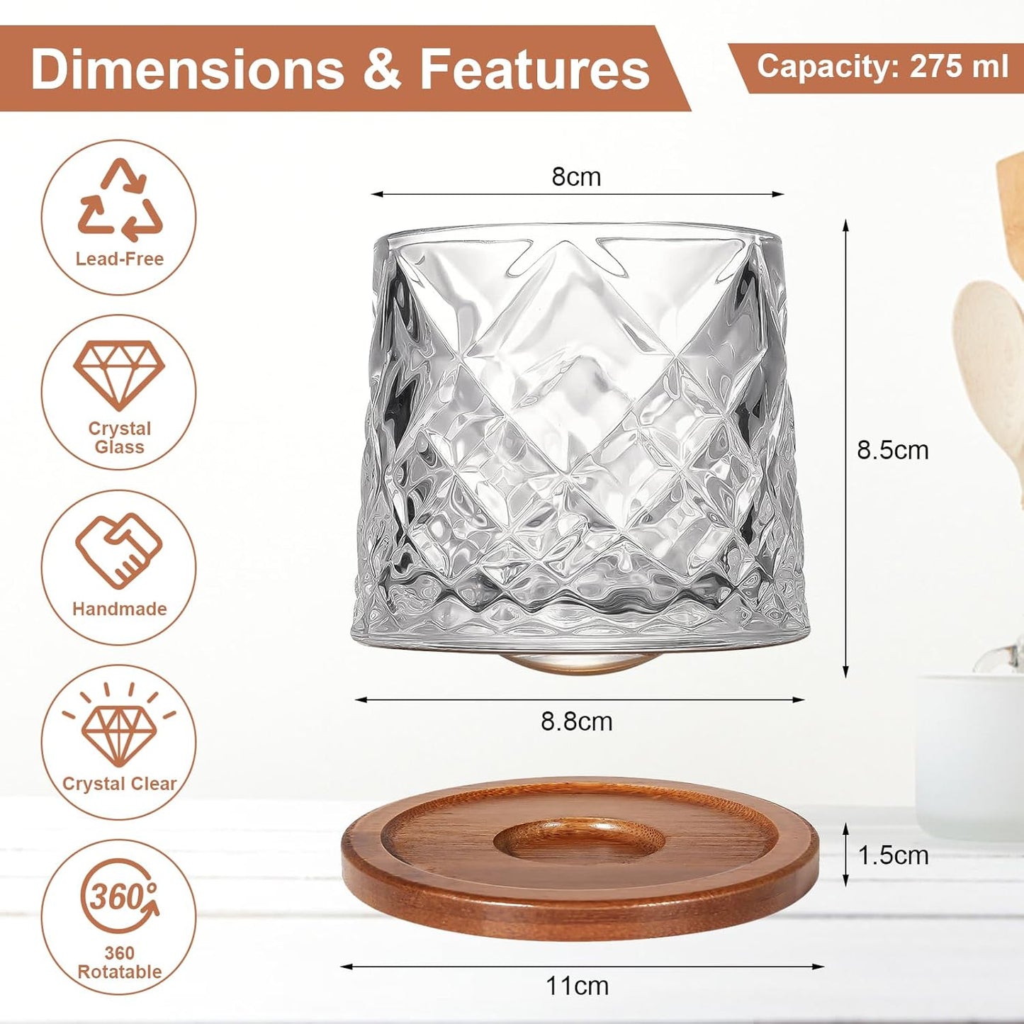 Rotatable Old Fashioned Glass Cup, 275ml/10oz Crystal Whiskey Glass Set of 2, Wood Coaster, Thickening, Used as Rum Glass Cup, Cocktail, Coffee, Milk to Relax and Reduce Stress, Christmas gifts
