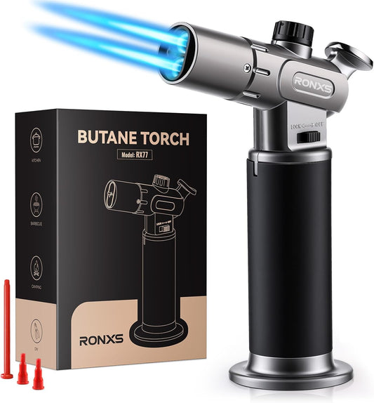 RONXS Torch Lighter, Refillable Kitchen Butane Torch, Cooking Torch with Safety Lock and Adjustable Single/Dual Flame for Creme Brulee, BBQ, Baking, Crafts and Soldering (Butane Gas Not Included)