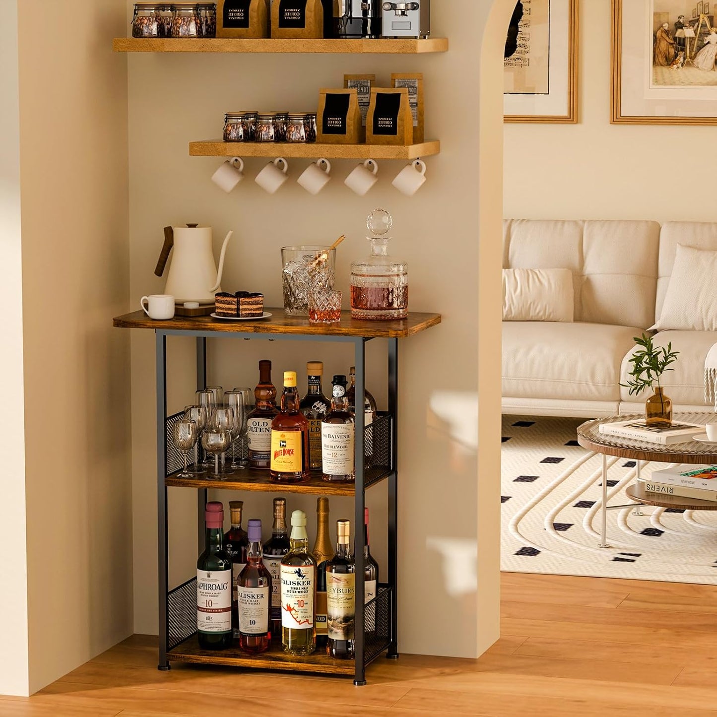 Eyteenokk Floor Standing Freestanding Whiskey Rack: 3 Tier Wine Rack Mini Bar Table Corner Wine Bottle Display Stand Liquor Cabinet Bar, for Bottles,Cocktail Shaker,Mugs