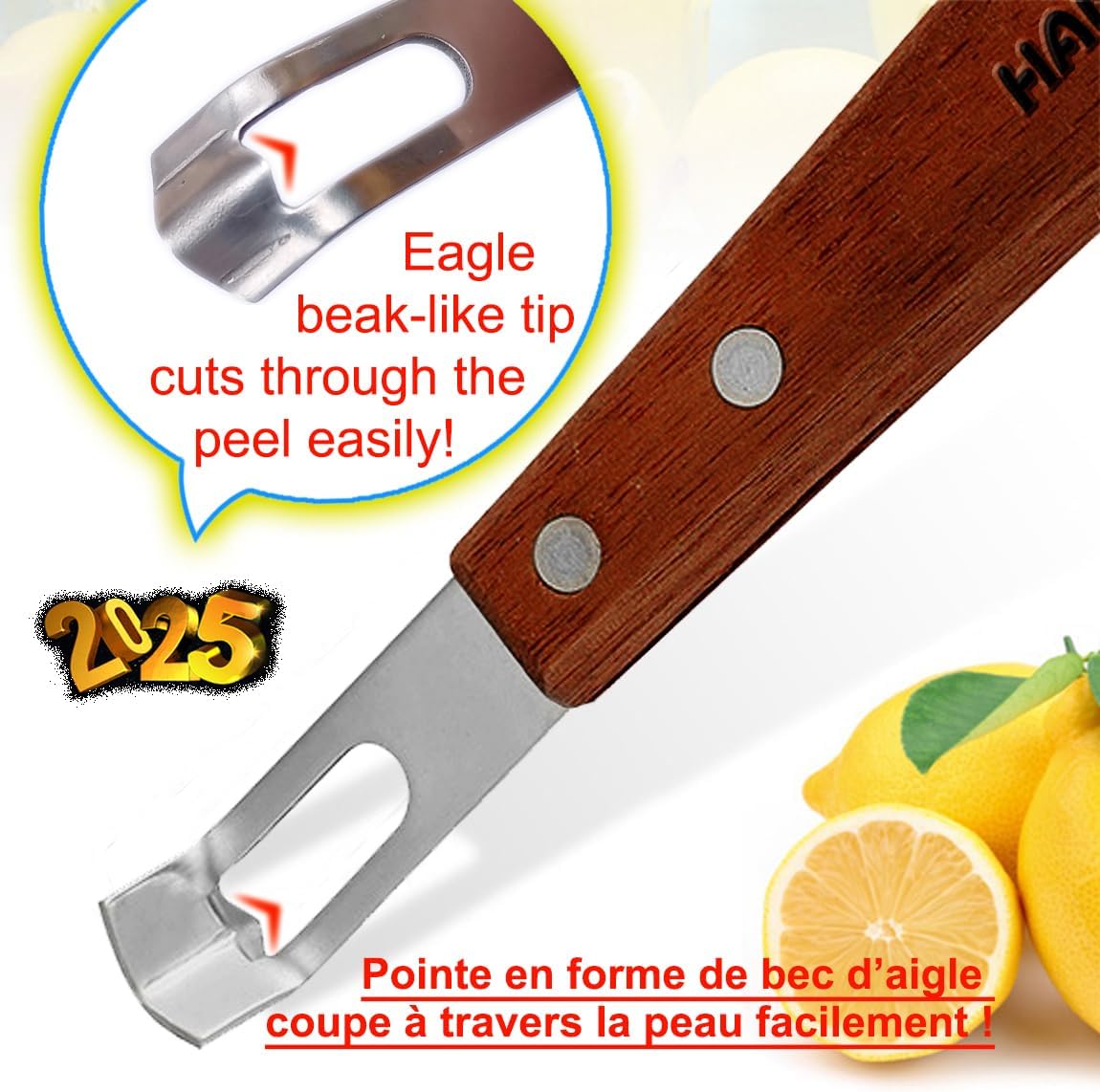 Citrus Lemon Zester & Channel Knife Tool for Kitchen Bar, Stainless Steel Blade, Ergonomic Design, Wooden Handle & Rubber & Plastic Handle Set Tool