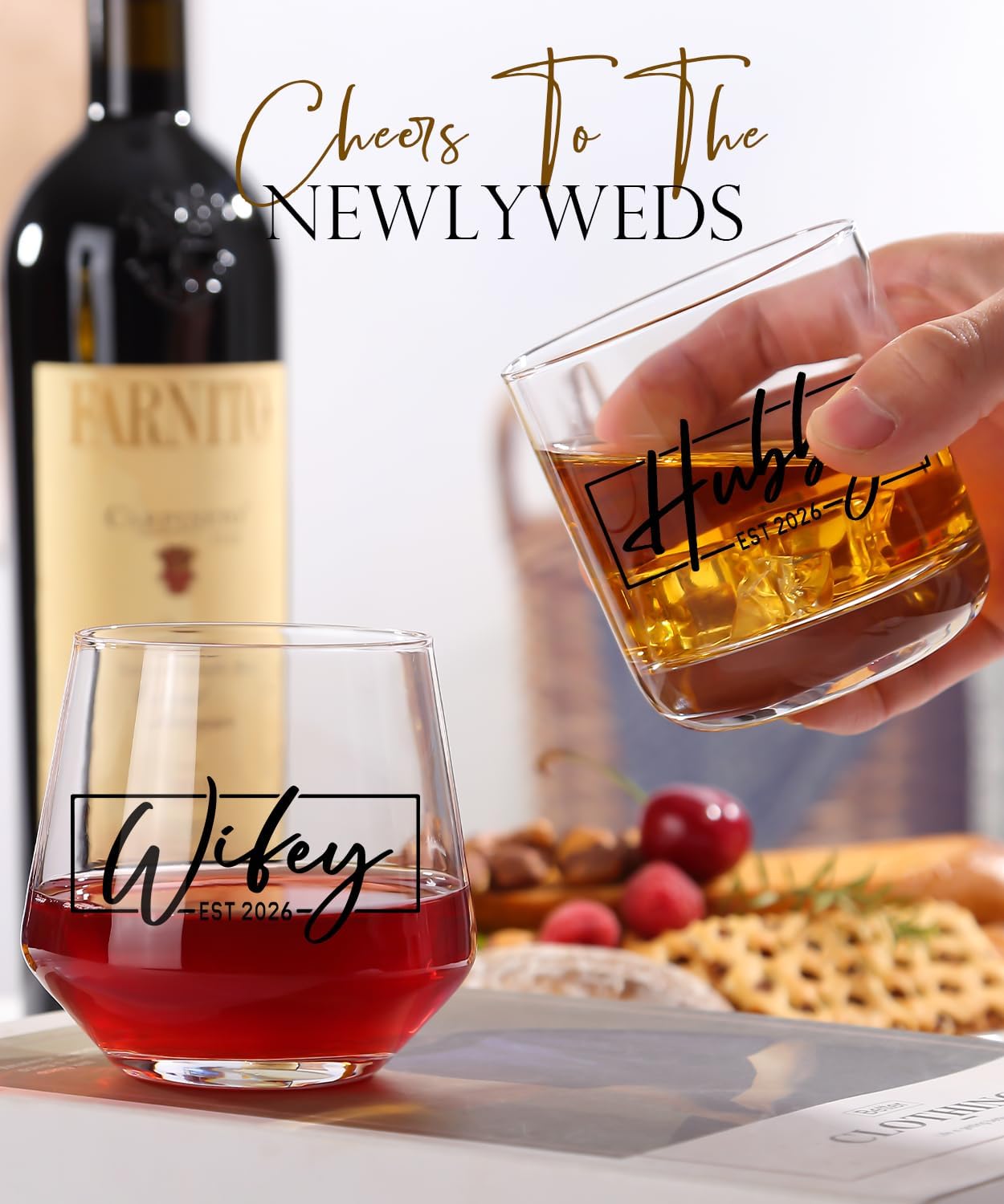 comfit Wedding Gifts 2026, Bridal Shower Gifts, Hubby & Wifey Wine&Whiskey Glass Set, His and Hers Glass, Mr and Mrs Shot Glass, Hubby and Wifey Gift, Anniversary Newlyweds Gifts for Couple
