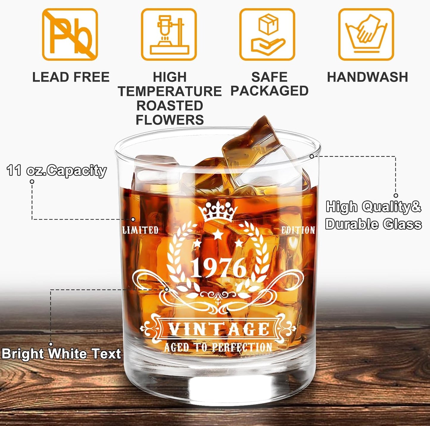 YeohJoy 50th Birthday Gifts for Men,Vintage 1976 Whiskey Glass Set,Wood Box & 1976 Poster Anniversary Card &Whiskey Coaster & Stones,Bday Gifts Ideas for Him, Dad, Husband
