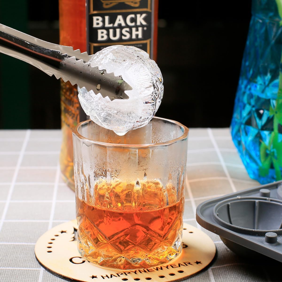 Ice Ball Mold, Large Basketball Shaped Silicone Round Ice Cube Tray with Funnel Lid for Freezer, 4 Cavities Big Sphere Ice Molds for Whiskey/Cocktail/Fruit Drinks/Ice Cream/Wax Melt/Candle