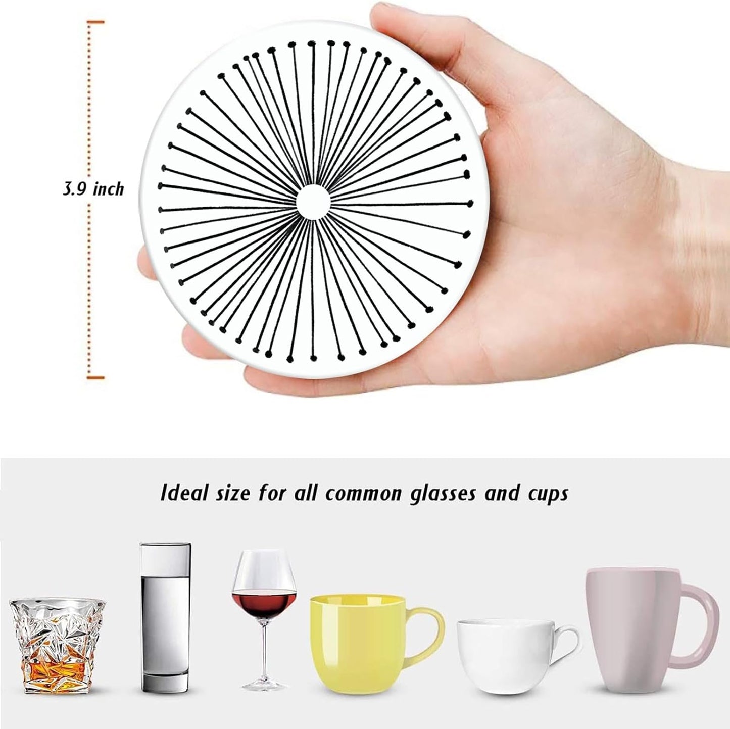 Coaster for Drinks Set of 6, Black White Geometry Absorbent Round Ceramic Stone Mat, with Cork Base and Metal Holder, Gift for Housewarming Room Bar Decor