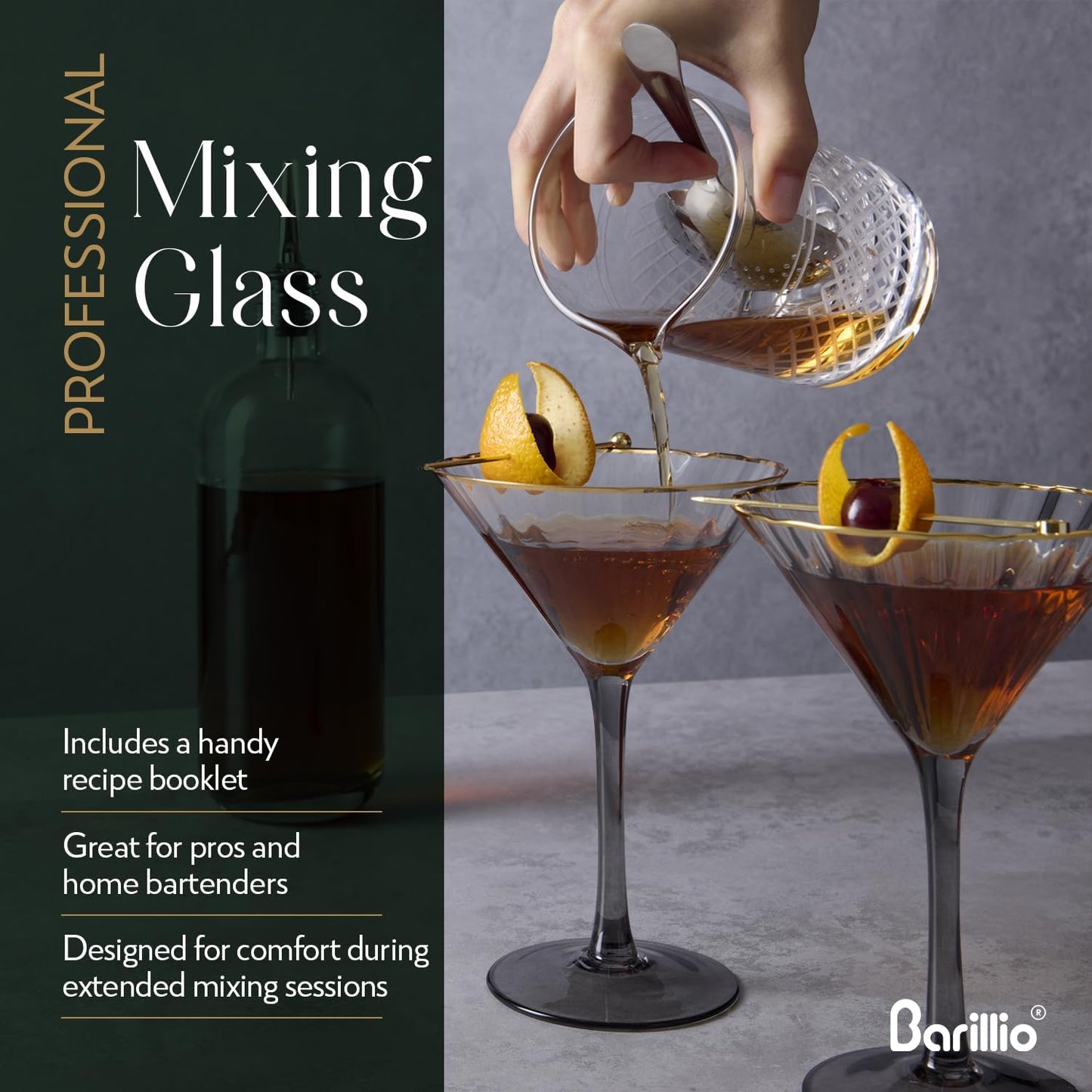 Barillio Crystal Cocktail Mixing Glass - 20 Oz (600 ml) Seamless Weighted With Thick & Sturdy Bottom Cocktail Stirring Pitcher | Old Fashioned Beaker - Bartender Mixology Accessories to Stir Cocktails