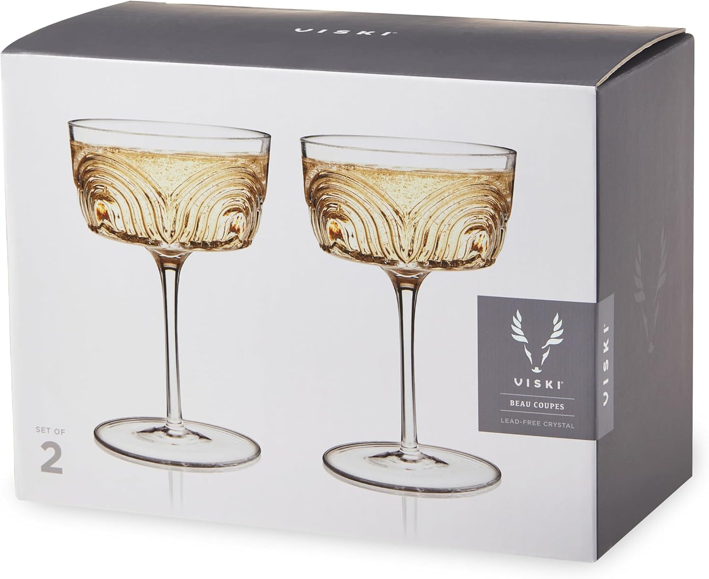 Viski Beau Cocktail Coupe Glasses, Unique Cocktail Glasses Crystal Drinkware, 7.5oz. Cocktail Glasses Stem Vintage Wine Glasses Inspired Set of 2