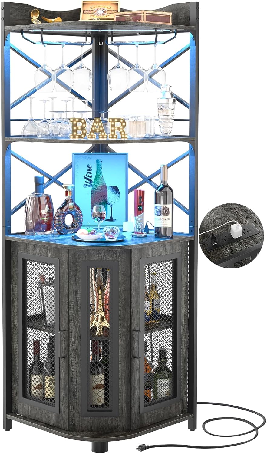 Aheaplus Corner Bar Cabinet with Power Outlet, Industrial Liquor Cabinet - Black Oak