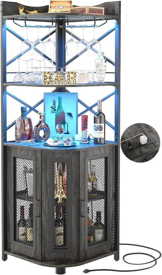 Aheaplus Corner Bar Cabinet with Power Outlet, Industrial Liquor Cabinet - Black Oak