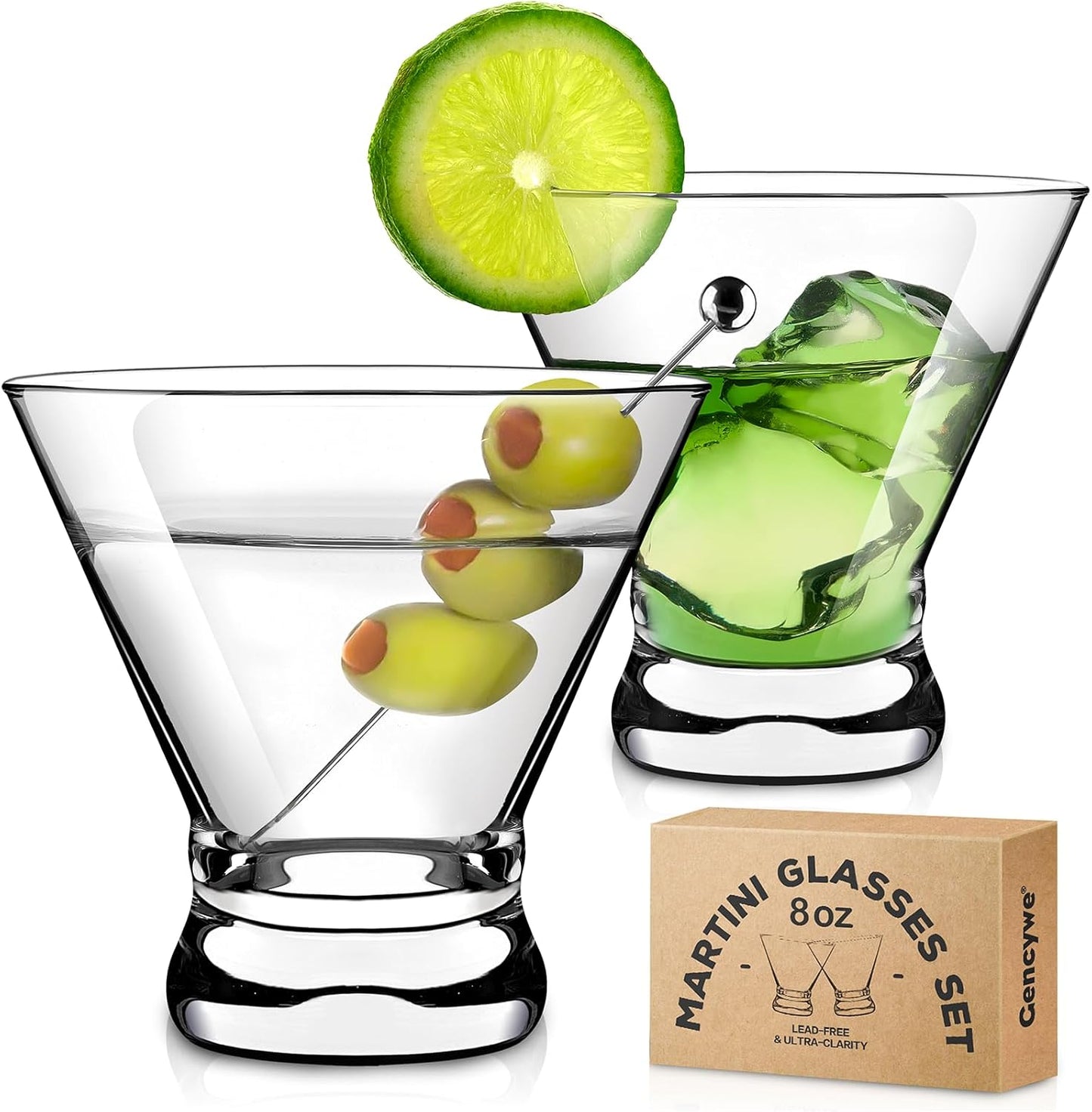 Gencywe 2 Pack Martini Glasses, 8 Ounce Crystal Cocktail Glasses, Martini Drinking Glasses, Hand Blown Stemless Cocktail Glassware for Bar, Martini, Cosmopolitan, Manhattan, Gimlet, Pisco Sour, Brandy