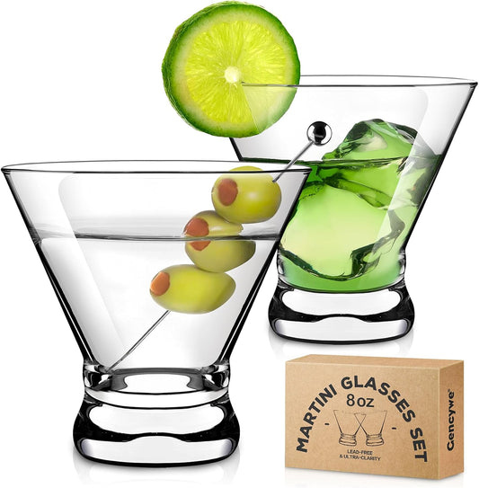Gencywe 2 Pack Martini Glasses, 8 Ounce Crystal Cocktail Glasses, Martini Drinking Glasses, Hand Blown Stemless Cocktail Glassware for Bar, Martini, Cosmopolitan, Manhattan, Gimlet, Pisco Sour, Brandy