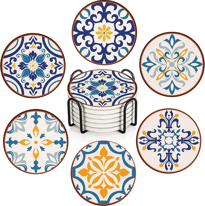 Coasters for Drinks, Set of 6, Ceramic Stone Moroccan Spanish - B0CG9D9MKQ