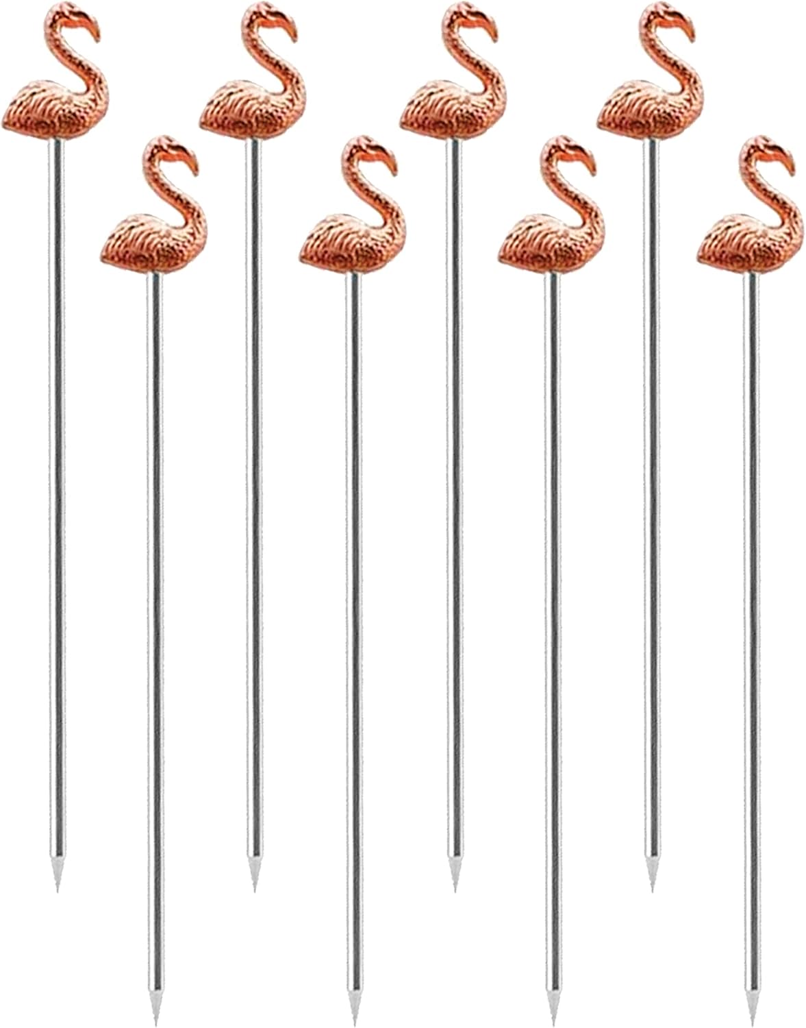OGGI Flamingo Metal Cocktail Picks Stick 8 pcs - Martini Picks, Reusable Rose Gold Metal Cocktail Skewers, Martini Sticks for Olives, Appetizers, Tiki, Luau, 4.5" / 11.5cm