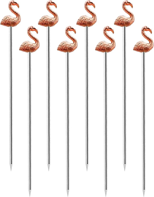 OGGI Flamingo Metal Cocktail Picks Stick 8 pcs - Martini Picks, Reusable Rose Gold Metal Cocktail Skewers, Martini Sticks for Olives, Appetizers, Tiki, Luau, 4.5" / 11.5cm