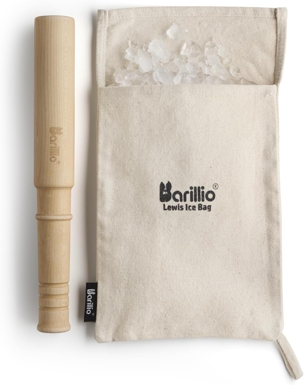 Barillio Drink Muddler Mallet and Lewis Bag Set - Big-Shot 13.75 Inch Wooden Muddler and Ice Hammer for Cocktails w/Canvas Ice Crushing Bag - Bar Tool Set