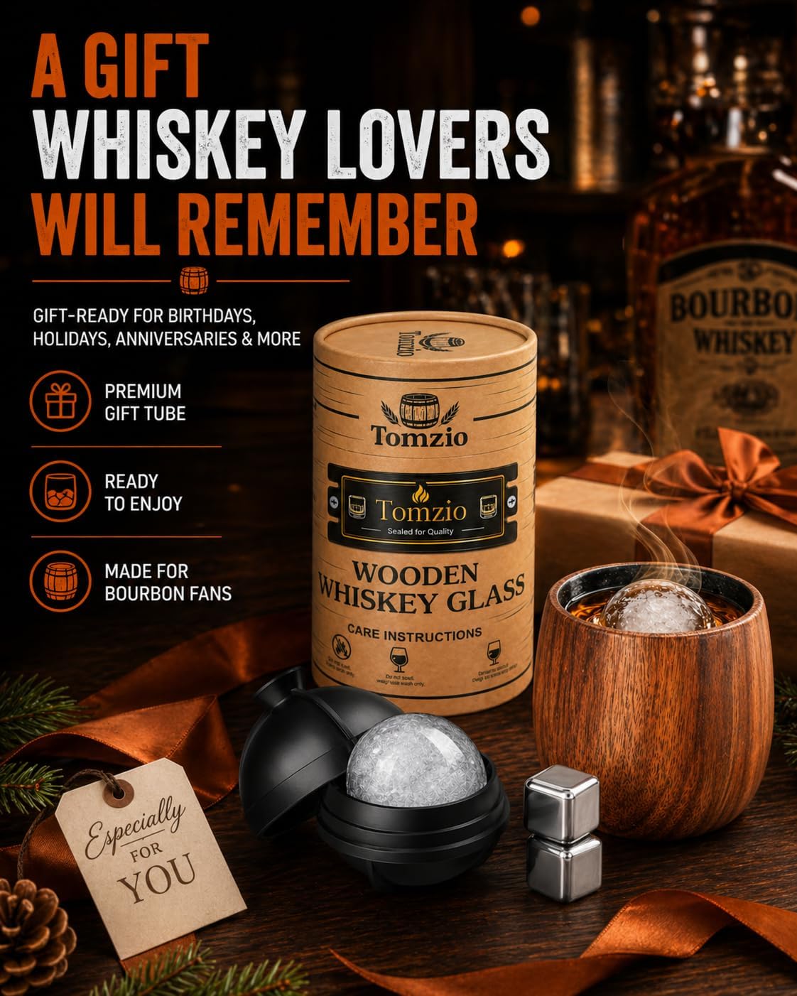 Charred Wooden Bourbon Drinking Glass Set,USA Design 11oz Handcrafted Premium Acacia Whiskey Tumbler, 2 Stones & 1 Ice Ball Molds,Charred Old Fashioned Glass,Unique Bourbon Gifts for (1 Pack Charred)