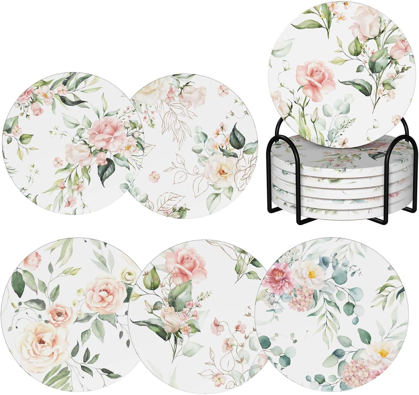 Coasters for Drinks Absorbent with Holder,Pink Roses Flowers Floral Green Leaf,Sets of 6 Durable Ceramic Cup Coaster for Coffee Table with Cork Base,Great Housewarming Birthday Gifts,Home Office Decor