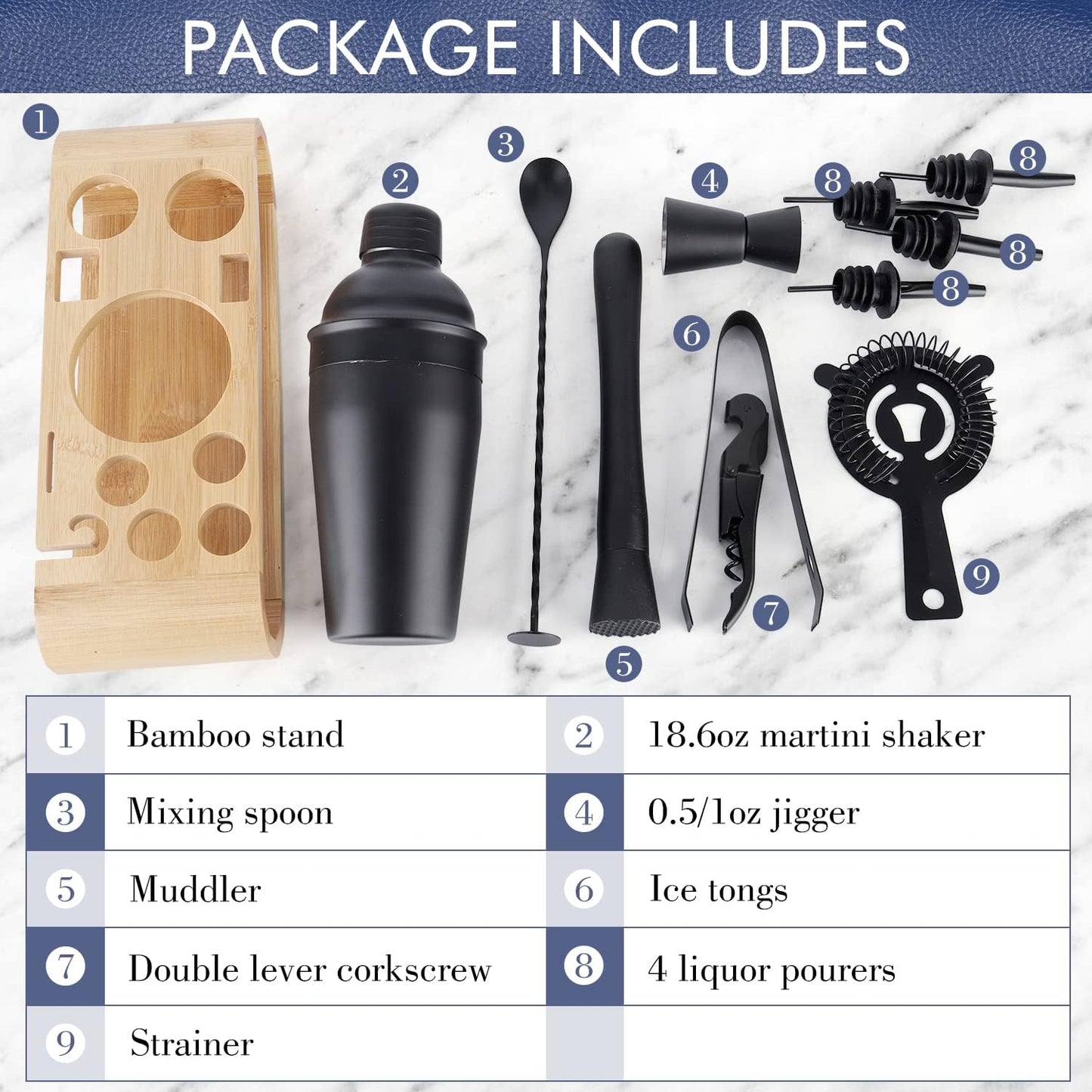 JNWINOG 12Pcs-Cocktail Shaker Set Stainless Steel Bartending Kit 18.6oz Cocktail Bar Set Cocktail Mix Drink Making Kit Professional Bar and Home Drink Bar Tools for Bartender (Matte Black, 12Pcs)