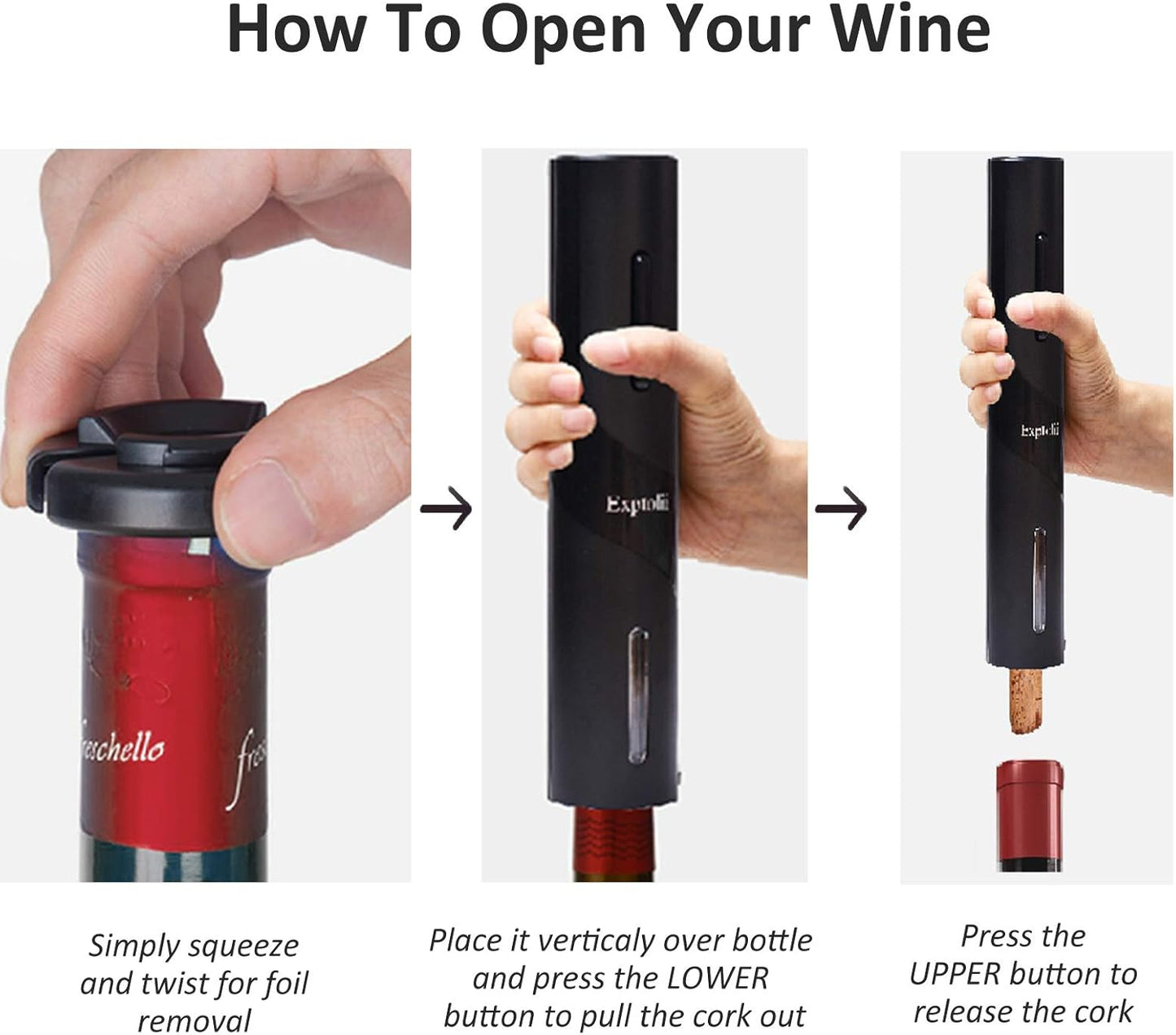 Exptolii Electric Wine Opener, Automatic Bottle Corkscrew with Foil Cutter, Vacuum Stopper and Wine Aerator Pourer