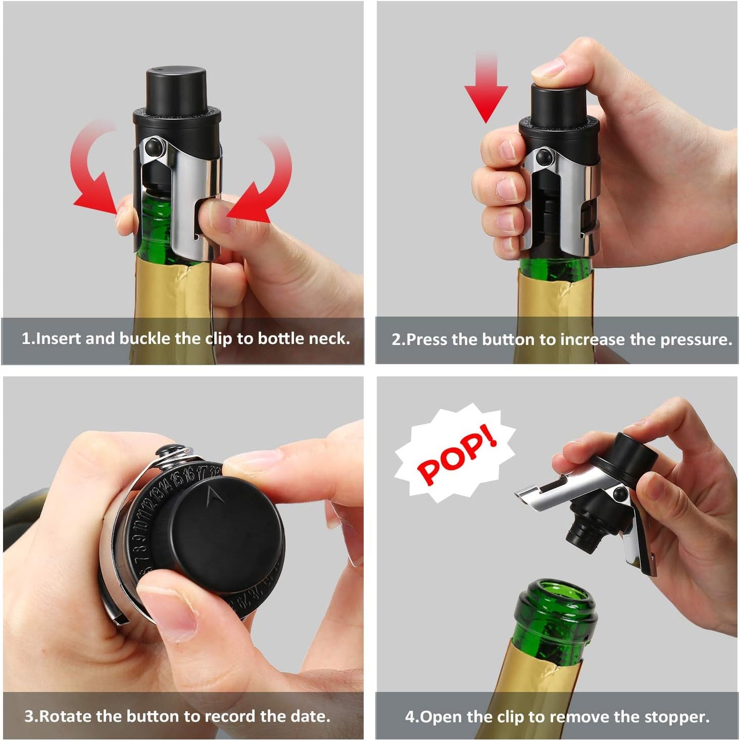 HYZ 2-Pack Champagne Stoppers Wine Saver, Sparkling Wine Vaccum Stoppers with Built-in Pump for Champagne, Prosecco and Cava - Stainless Steel + ABS Champagne Bottle Stoppers, Black