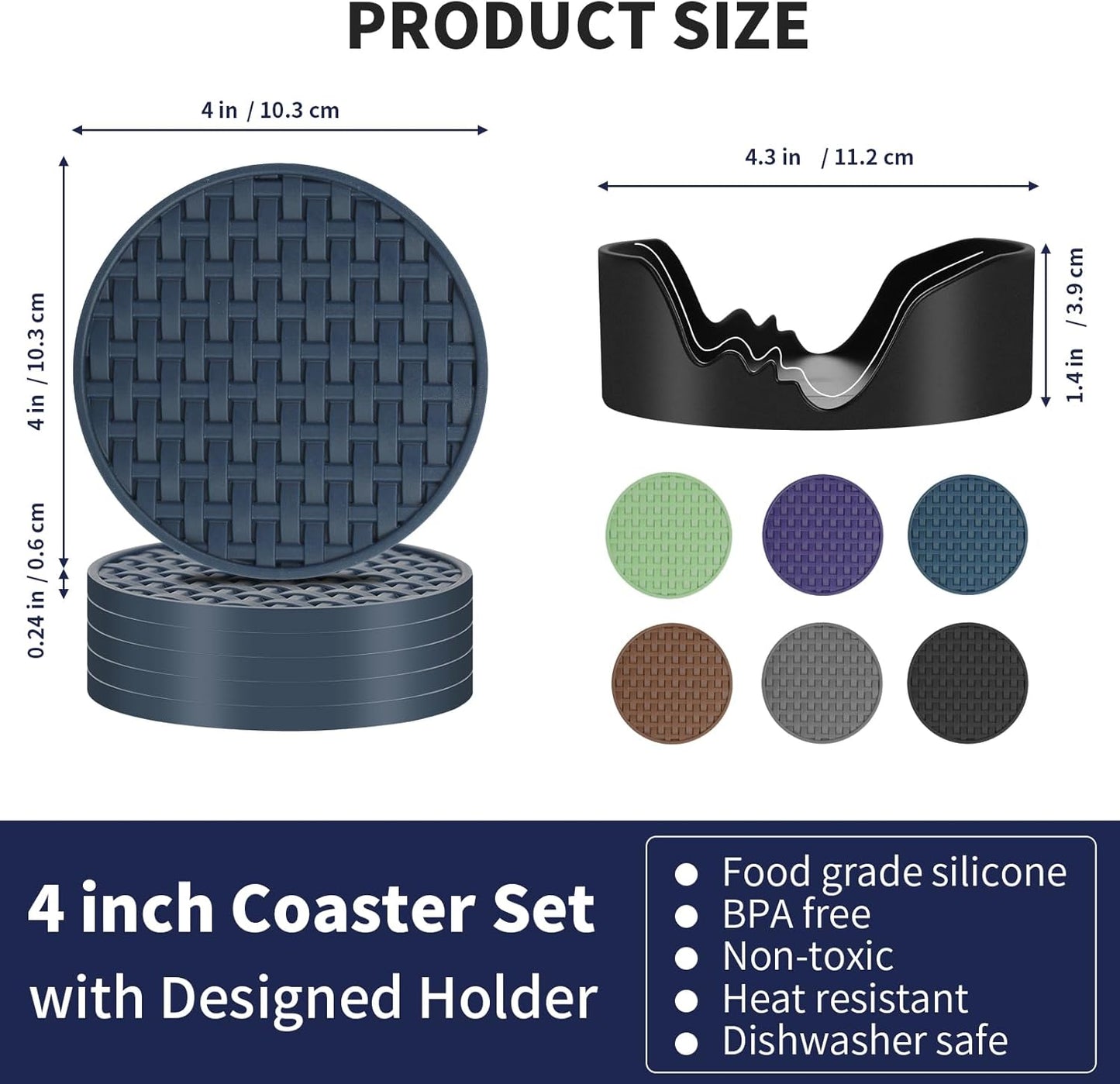 4 Inch Blue Silicone Coasters for Drink Set of 6, Heat-Resistant Waterproof Non-Slip Cup Mats, Round Table Protectors for Coffee Mugs & Beverage Cups, Ideal for Home Kitchen Office Use